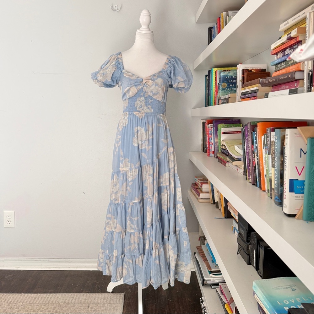 FREE PEOPLE Sundrenched Short Sleeve Maxi Dress blue and white floral Medium - Picture 5 of 14